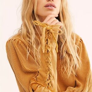 Free People FP One Tasha Mustard Lace Up Puff Sleeves Termal Waffle Knit Top